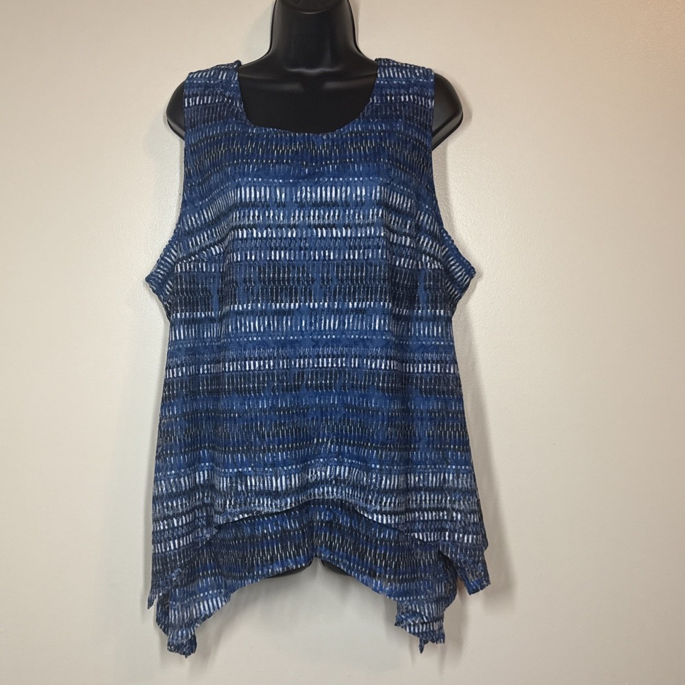 Roz & Ali Top Womens 2X Blue Ruffle Beachy Tank Blouse Asymmetric Artsy Tunic